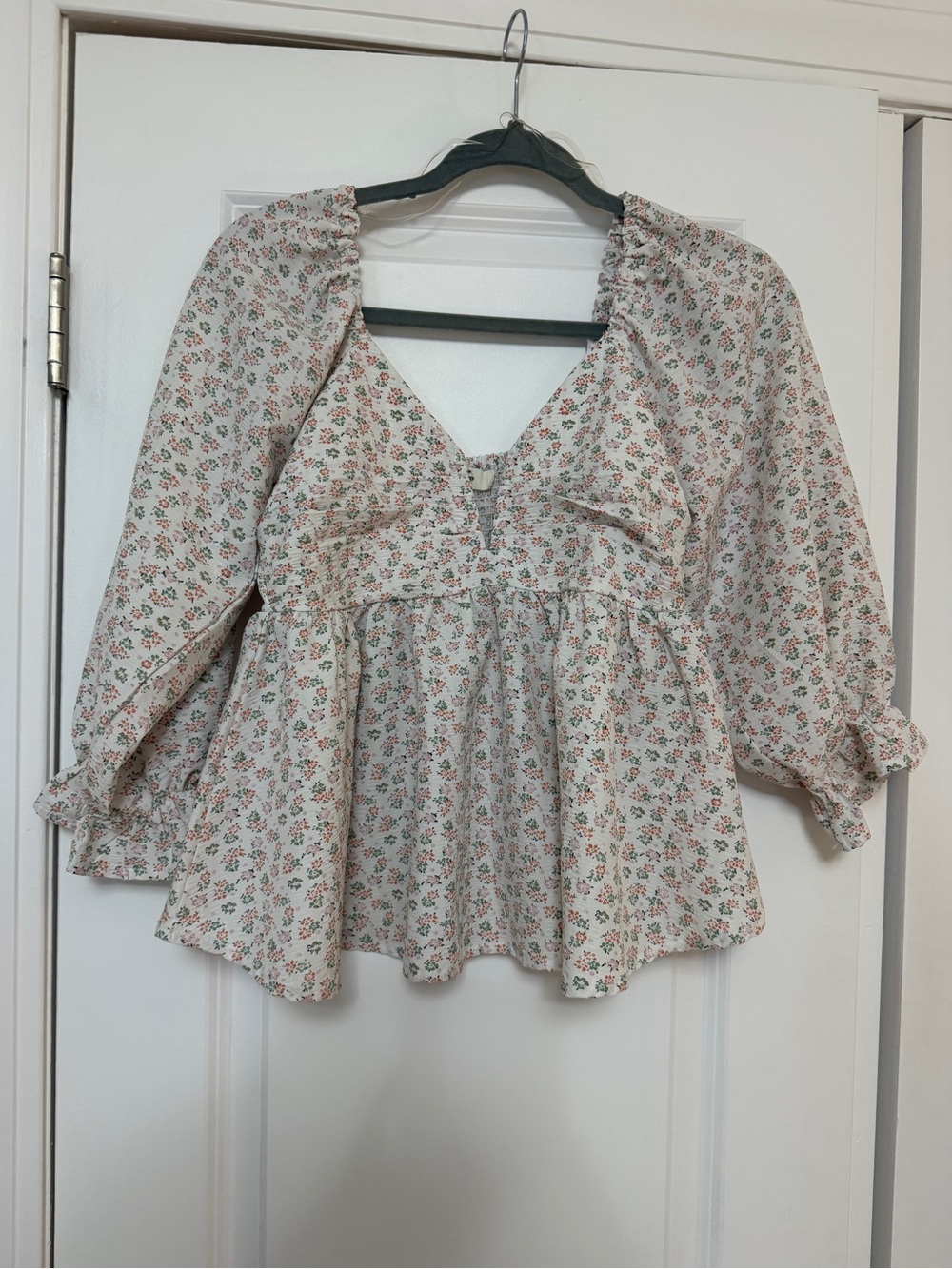 entro Cream Floral Peasant Blouse with Pink & Green Print